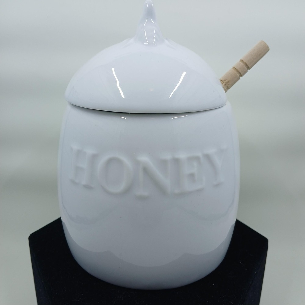 Fitz and Floyd Everyday White Honey Pot with‎ Dipper Porcelain Bee Lid Embossed